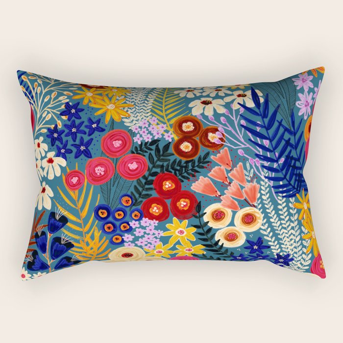 Flower Meadow Pink Yellow Orange Teal Blue Pattern Rectangular Pillow Gallery Image 2