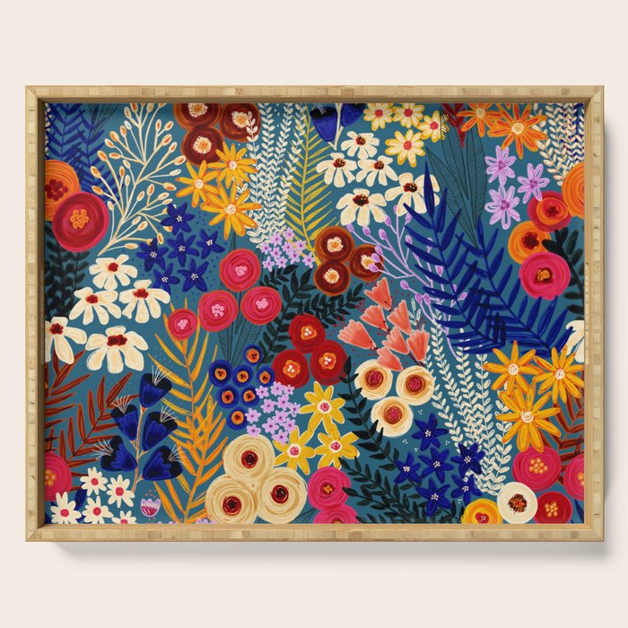 Flower Meadow Pink Yellow Orange Teal Blue Pattern Serving Tray Gallery Image 1