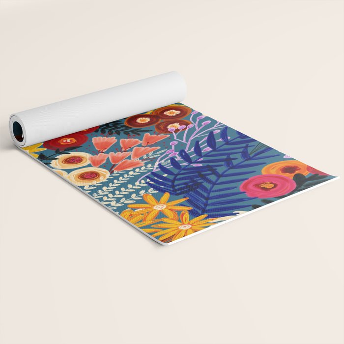 Flower Meadow Pink Yellow Orange Teal Blue Pattern Yoga Mat Gallery Image 2