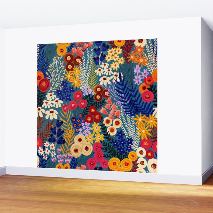 Flower Meadow Pink Yellow Orange Teal Blue Pattern Wall Mural Gallery Image 2