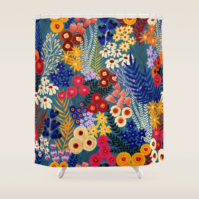 Flower Meadow Pink Yellow Orange Teal Blue Pattern Shower Curtain Gallery Image 1