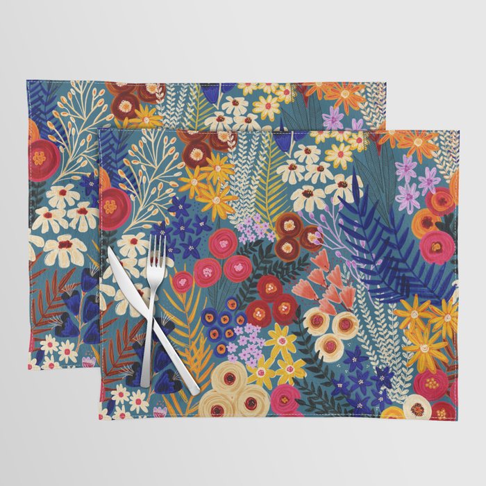 Flower Meadow Pink Yellow Orange Teal Blue Pattern Placemat Gallery Image 1