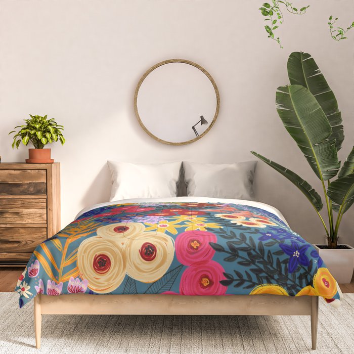 Flower Meadow Pink Yellow Orange Teal Blue Pattern Comforter Gallery Image 3
