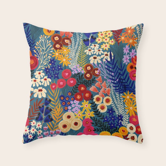Flower Meadow Pink Yellow Orange Teal Blue Pattern Throw Pillow
