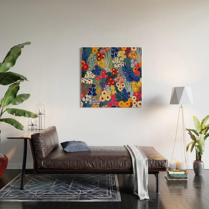 Flower Meadow Pink Yellow Orange Teal Blue Pattern Wood Wall Art Gallery Image 2