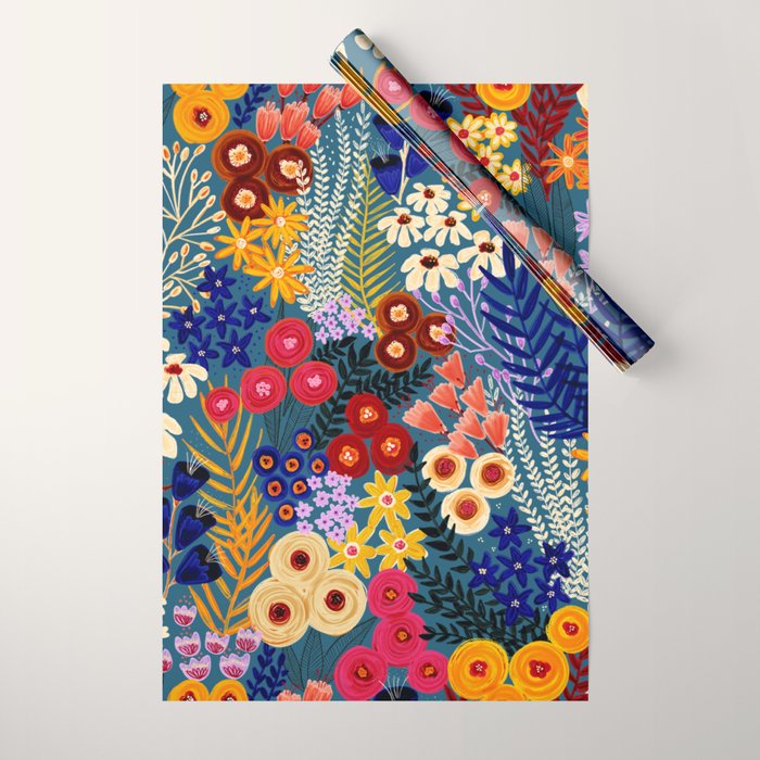 Flower Meadow Pink Yellow Orange Teal Blue Pattern Wrapping Paper Gallery Image 1