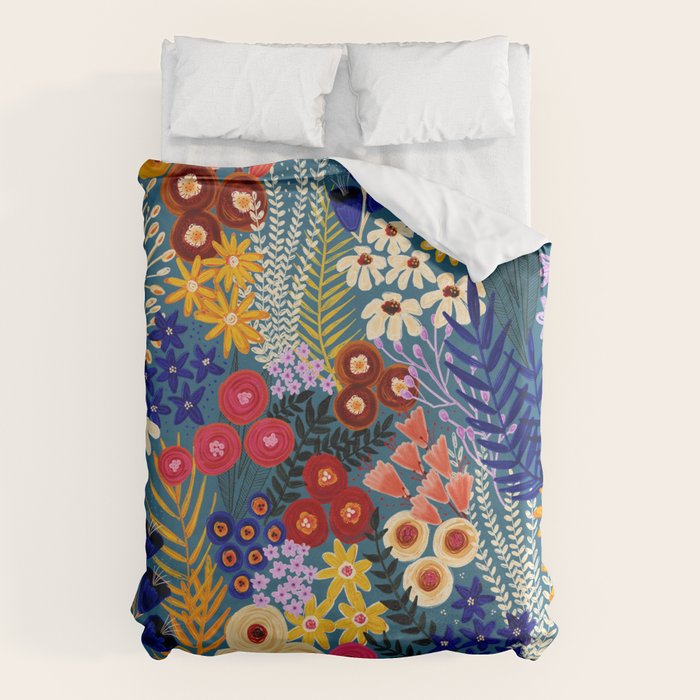 Flower Meadow Pink Yellow Orange Teal Blue Pattern Duvet Cover Gallery Image 6