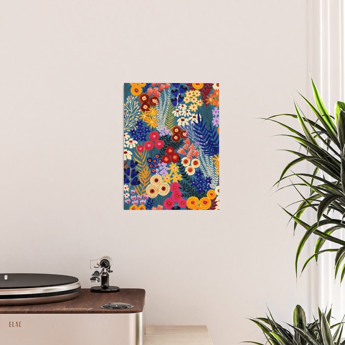 Flower Meadow Pink Yellow Orange Teal Blue Pattern Poster Gallery Image 2