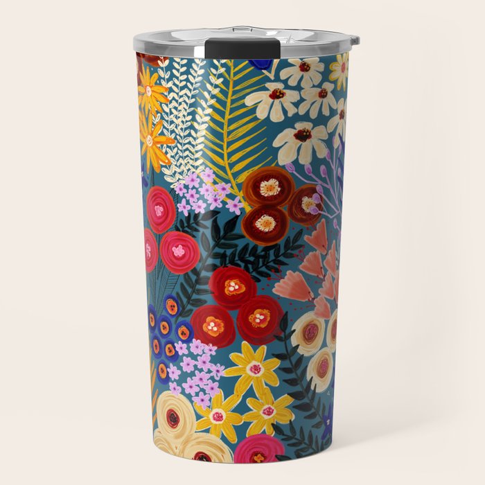 Flower Meadow Pink Yellow Orange Teal Blue Pattern Travel Mug Gallery Image 1