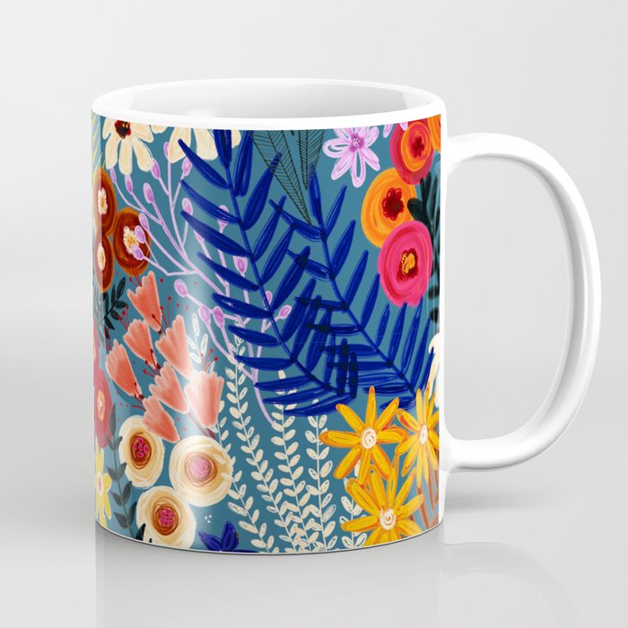 Flower Meadow Pink Yellow Orange Teal Blue Pattern Coffee Mug Gallery Image 1