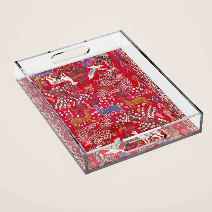 Floral Persian Rug Print With Birds And Animals Acrylic Tray Gallery Image 1