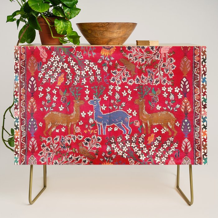 Floral Persian Rug Print With Birds And Animals Credenza Gallery Image 1