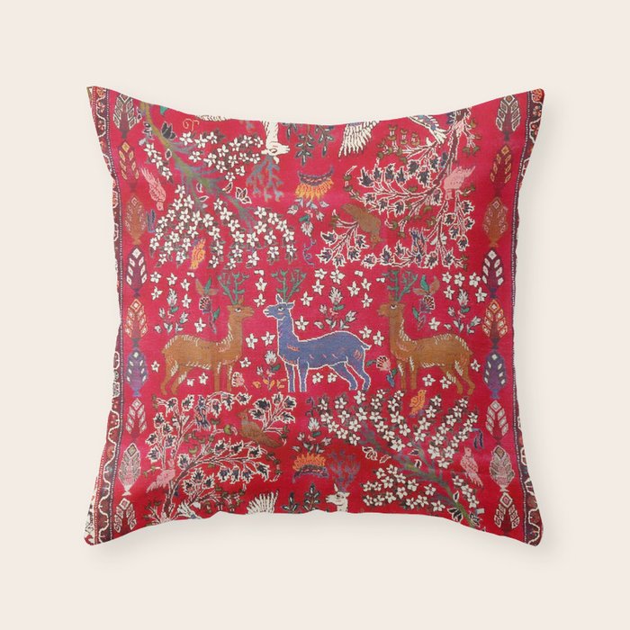 Floral Persian Rug Print With Birds And Animals Throw Pillow Gallery Image 1