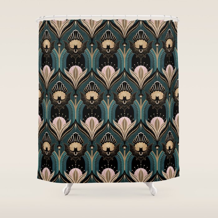 Art Deco Bats Teal, Gold, Pink Shower Curtain