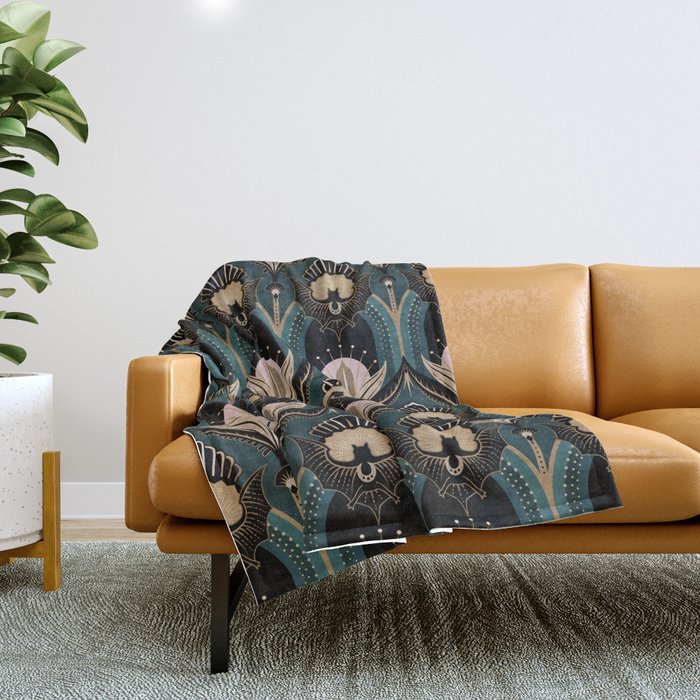 Art Deco Bats Teal, Gold, Pink Throw Blanket