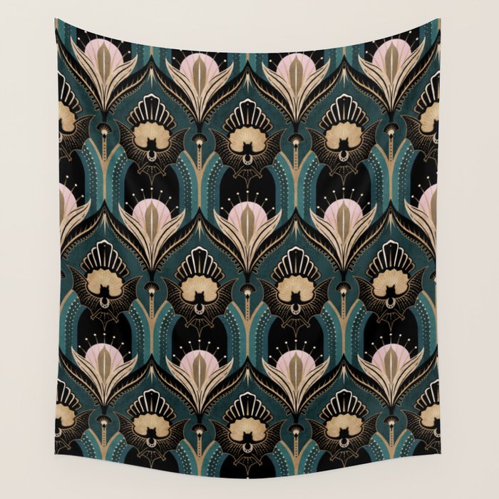 Art Deco Bats Teal, Gold, Pink Wall Tapestry Gallery Image 4