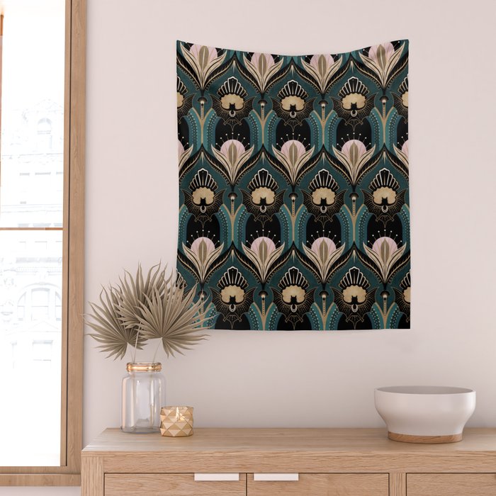 Art Deco Bats Teal, Gold, Pink Wall Tapestry Gallery Image 2