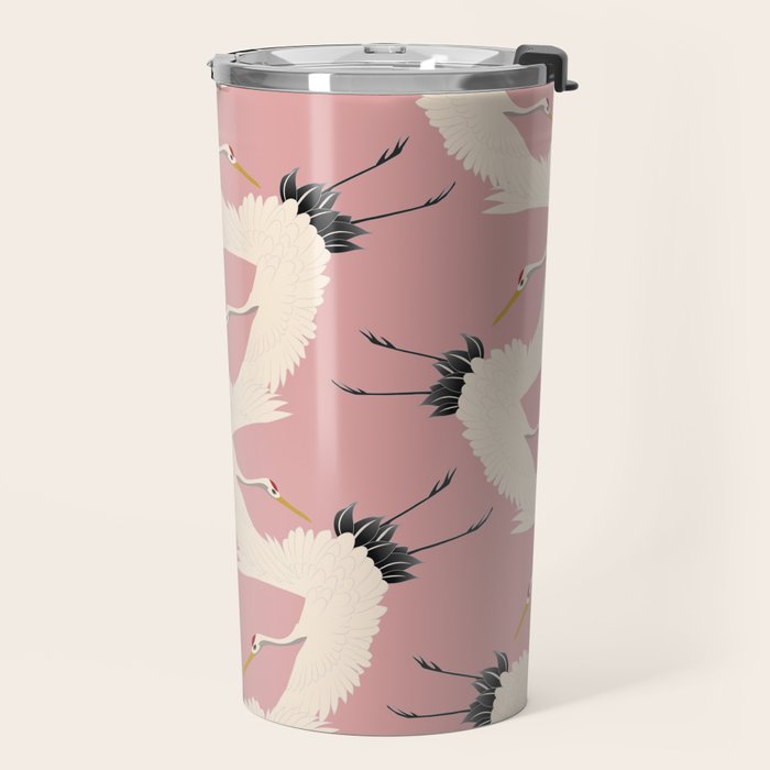 Pink Japanese Cranes Pattern Travel Mug Gallery Image 2