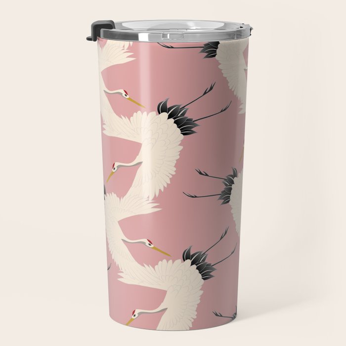 Pink Japanese Cranes Pattern Travel Mug Gallery Image 3