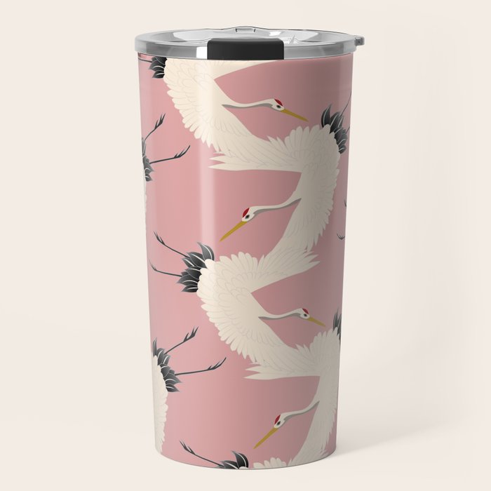 Pink Japanese Cranes Pattern Travel Mug Gallery Image 1