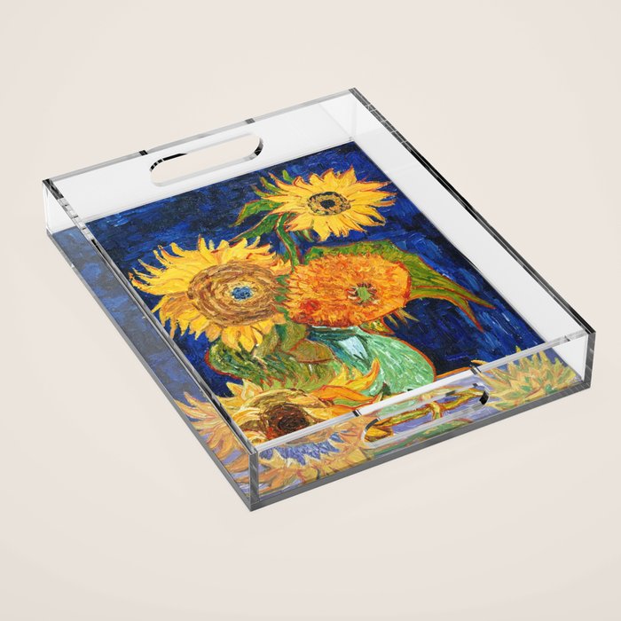 Van Gogh, Five Sunflowers 1888 Artwork Reproduction, Posters, Tshirts, Prints, Bags, Men, Women, Kid Acrylic Tray Gallery Image 1