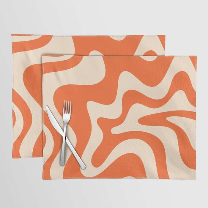 Retro Liquid Swirl Abstract Pattern Square in Tangerine Orange and Peach Placemat Gallery Image 1