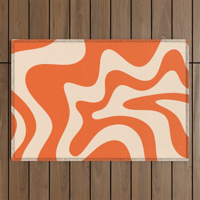 Retro Liquid Swirl Abstract Pattern Square in Tangerine Orange and Peach Outdoor Rug Gallery Image 1