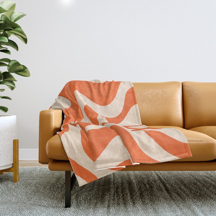 Retro Liquid Swirl Abstract Pattern Square in Tangerine Orange and Peach Throw Blanket Gallery Image 1