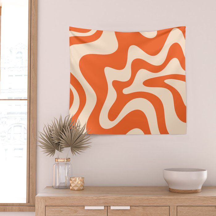 Retro Liquid Swirl Abstract Pattern Square in Tangerine Orange and Peach Wall Tapestry Gallery Image 2