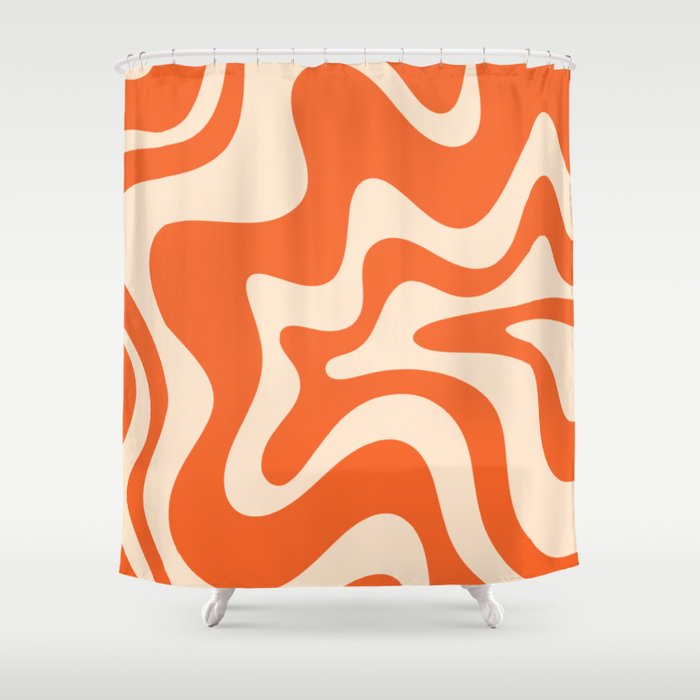 Retro Liquid Swirl Abstract Pattern Square in Tangerine Orange and Peach Shower Curtain Gallery Image 1