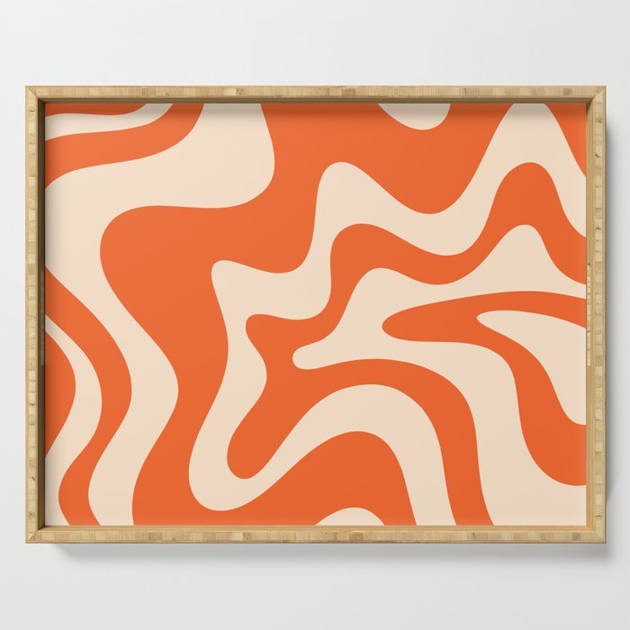 Retro Liquid Swirl Abstract Pattern Square in Tangerine Orange and Peach Serving Tray Gallery Image 1