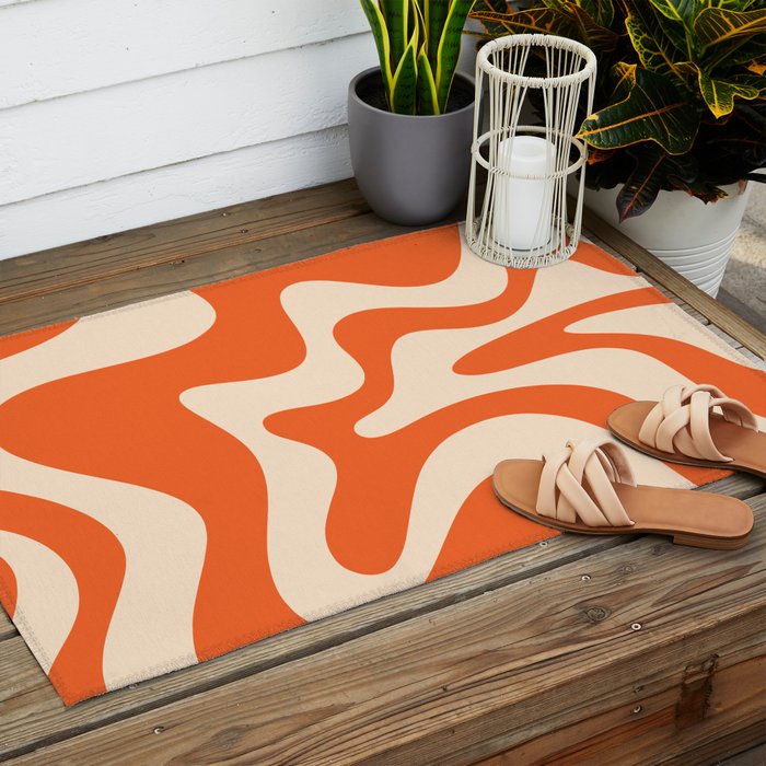 Retro Liquid Swirl Abstract Pattern Square in Tangerine Orange and Peach Outdoor Rug Gallery Image 2