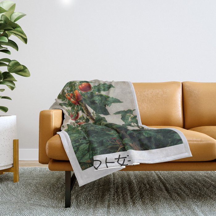 Japandi Wall Art Tomato Girl Summer Japanese Art Botanical Wall Art Sage Green Poster Maximalist Art Throw Blanket Gallery Image 1