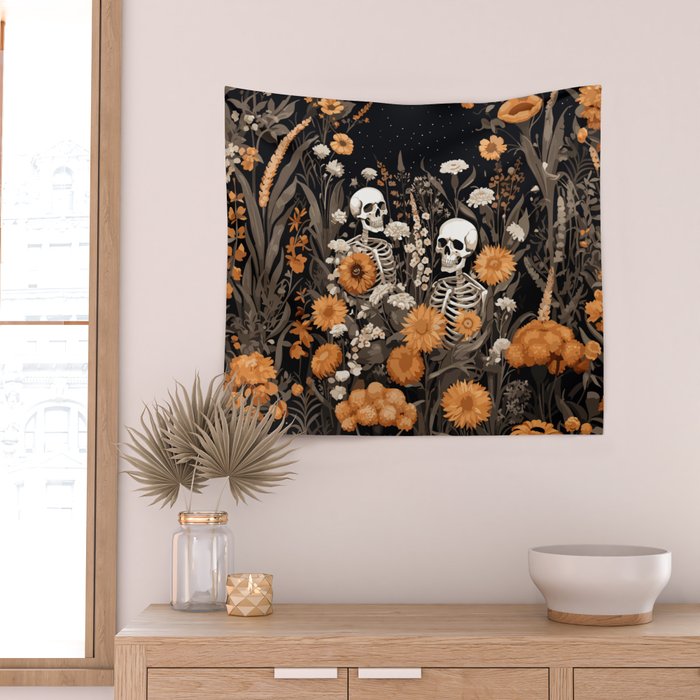 Bones and Blooms Skeleton Art Wall Tapestry Gallery Image 2