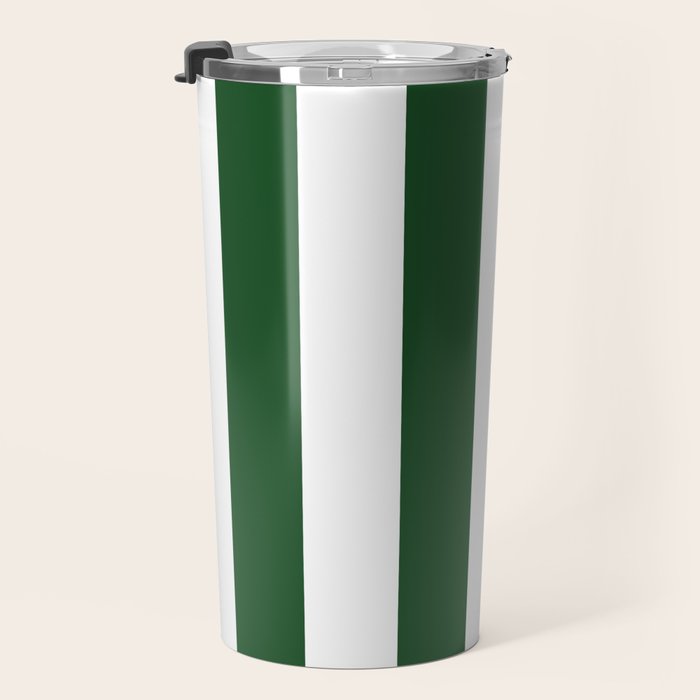 Jumbo Forest Green and White Rustic Vertical Cabana Stripes Travel Mug Gallery Image 3
