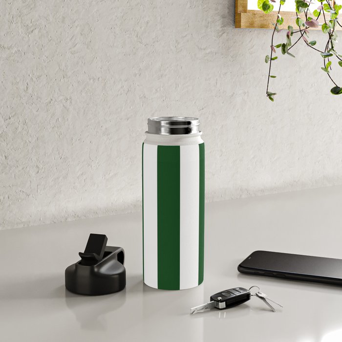 Jumbo Forest Green and White Rustic Vertical Cabana Stripes Water Bottle Gallery Image 4