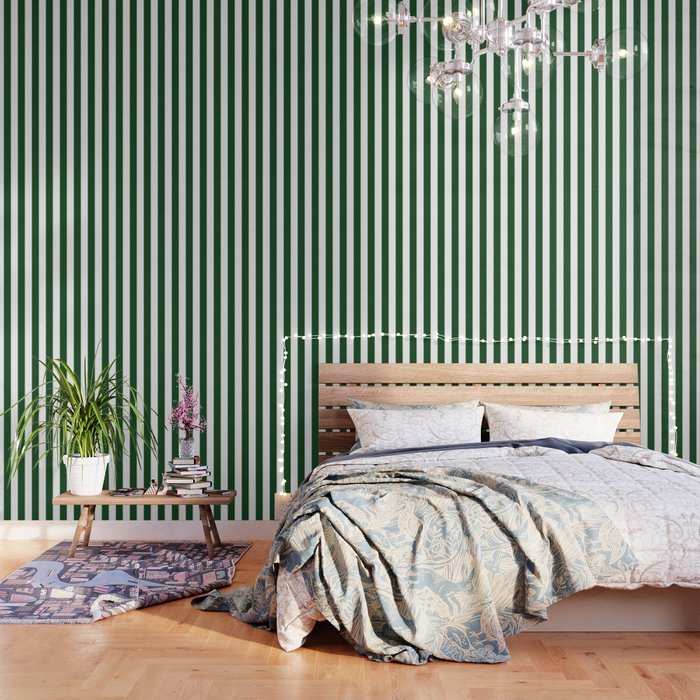 Jumbo Forest Green and White Rustic Vertical Cabana Stripes Wallpaper Gallery Image 3