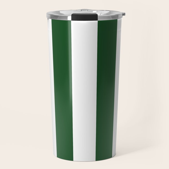 Jumbo Forest Green and White Rustic Vertical Cabana Stripes Travel Mug Gallery Image 1