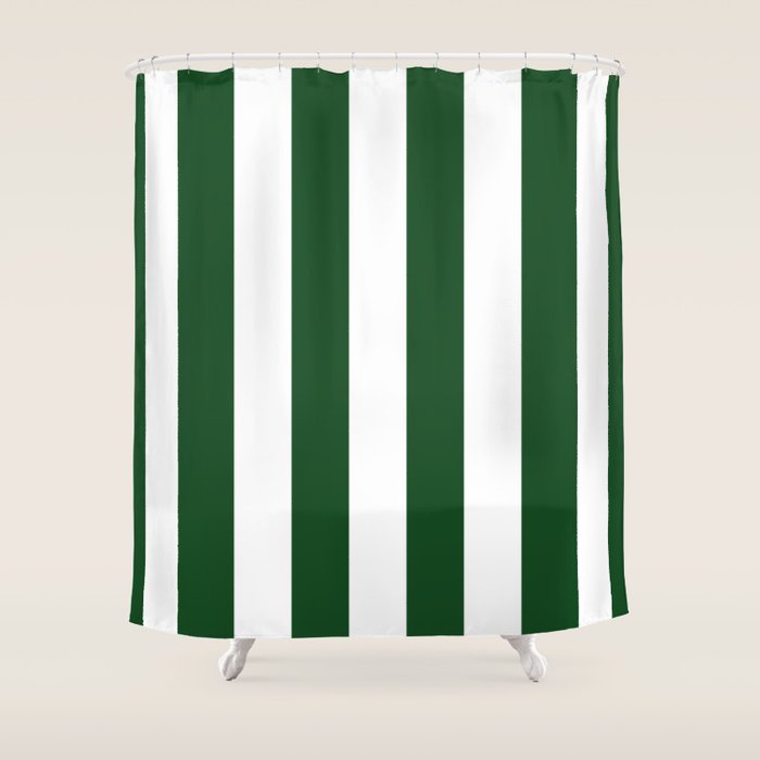 Jumbo Forest Green and White Rustic Vertical Cabana Stripes Shower Curtain Gallery Image 1