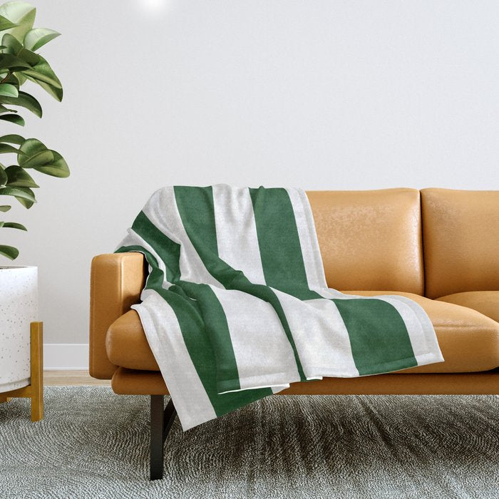 Jumbo Forest Green and White Rustic Vertical Cabana Stripes Throw Blanket Gallery Image 1