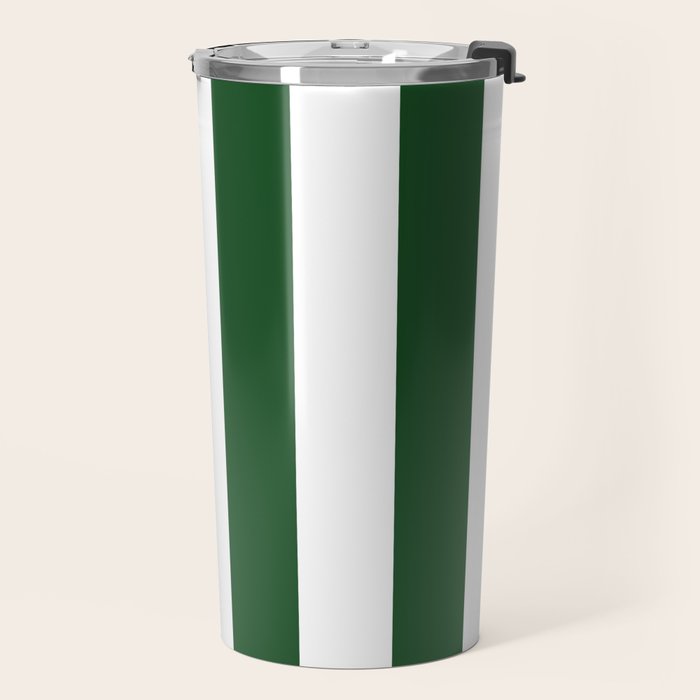 Jumbo Forest Green and White Rustic Vertical Cabana Stripes Travel Mug Gallery Image 2