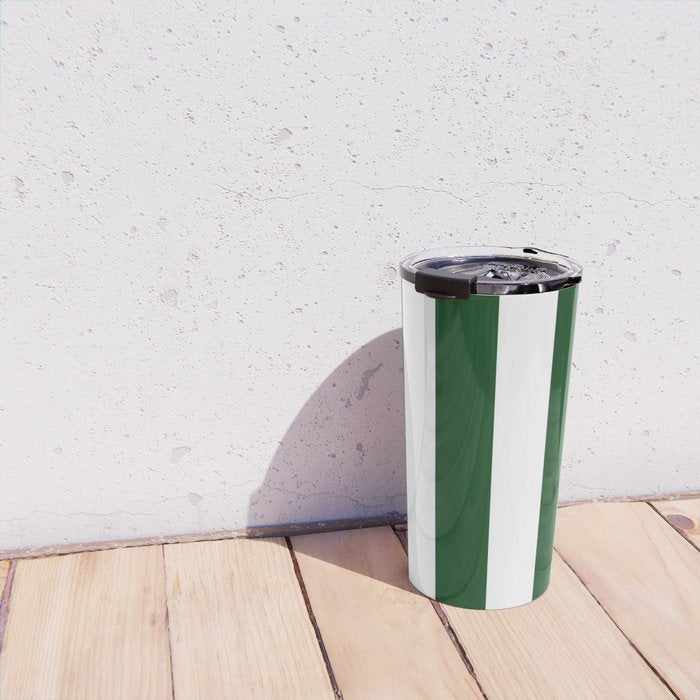 Jumbo Forest Green and White Rustic Vertical Cabana Stripes Travel Mug Gallery Image 4