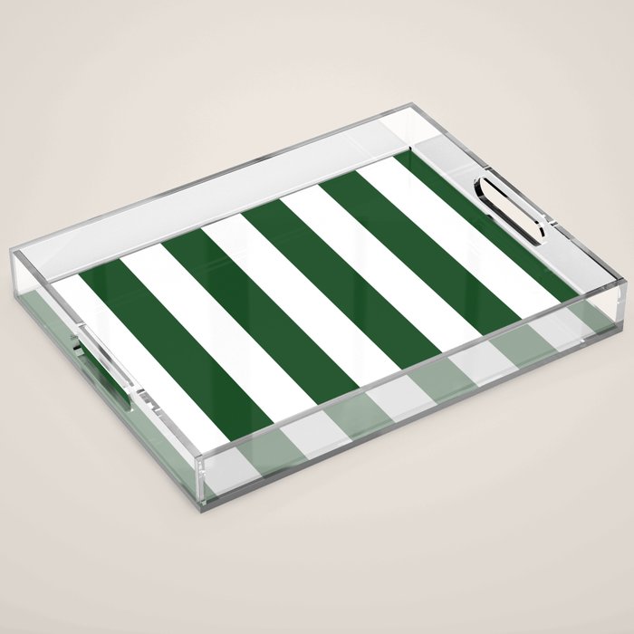 Jumbo Forest Green and White Rustic Vertical Cabana Stripes Acrylic Tray Gallery Image 1