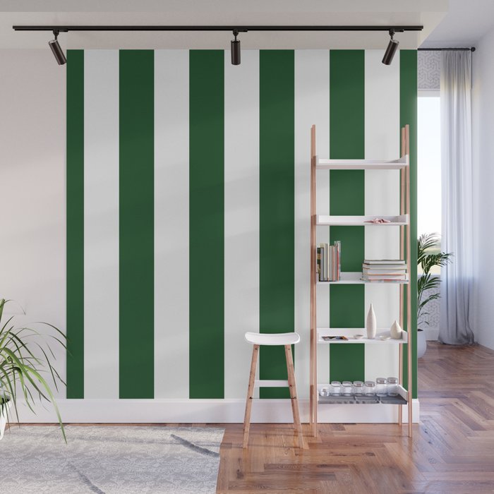 Jumbo Forest Green and White Rustic Vertical Cabana Stripes Wall Mural Gallery Image 1
