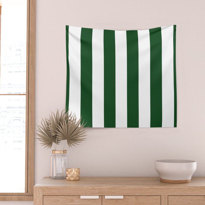 Jumbo Forest Green and White Rustic Vertical Cabana Stripes Wall Tapestry Gallery Image 2