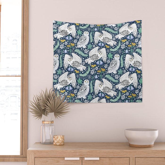 Snowy Owls on a Snowy Eve Wall Tapestry Gallery Image 2