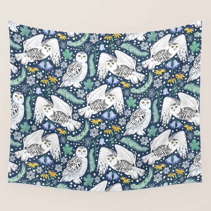 Snowy Owls on a Snowy Eve Wall Tapestry Gallery Image 1
