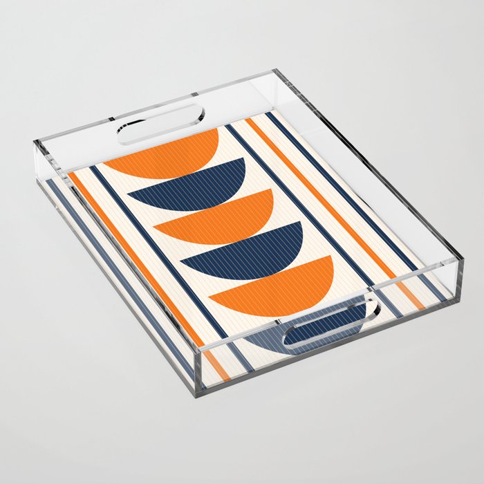 Abstract Shapes 76 in Orange and Navy Blue (Moon Phase Geometric Abstraction) Acrylic Tray Gallery Image 1