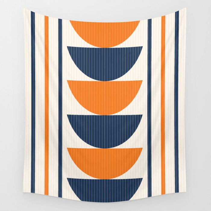 Abstract Shapes 76 in Orange and Navy Blue (Moon Phase Geometric Abstraction) Wall Tapestry Gallery Image 1