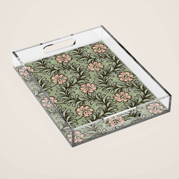 Climbing Leaves Floral Stripe Sage Green and Pink Acrylic Tray Gallery Image 1